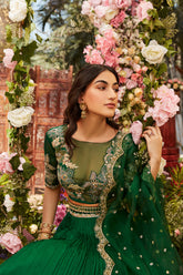 Forest green lehenga with organza embroidered blouse and dupatta